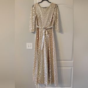 Tahari A line gown in champagne gold with floral applique